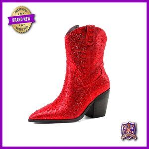 Western Rhinestone Cowboy Boots Block Heel Pointed Toe Ankle Booties Side Zip